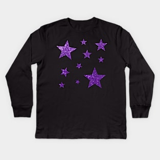 Purple Faux Glitter Stars Kids Long Sleeve T-Shirt